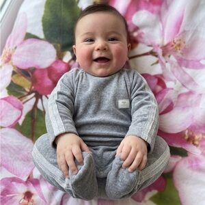 Soft Gray Footed Baby One-Piece with Side Stripe Detail with snaps